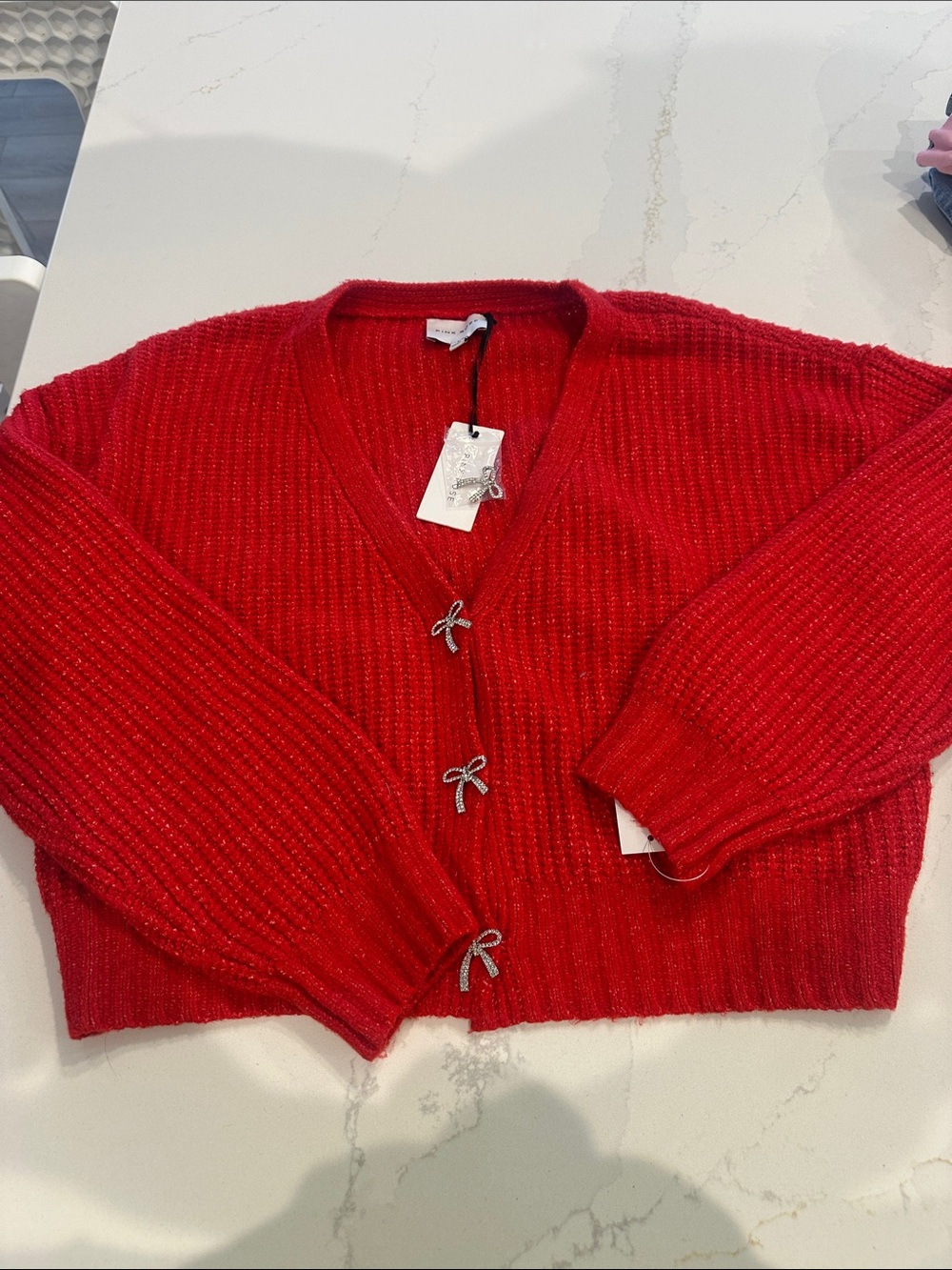 Pink Rose red knit oversized cropped sweater with jewel bow buttons size L NWT